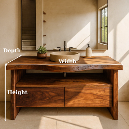Handcrafted Solid Wood Bathroom Vanity with Live-Edge Walnut Top and Modern Storage Drawers Kitchnce
