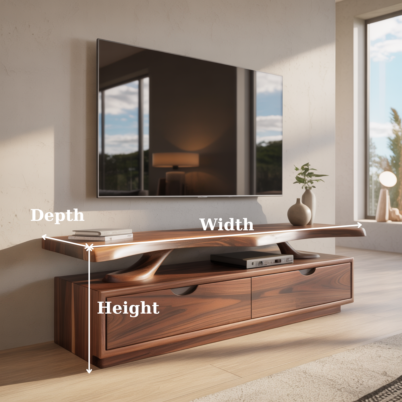 Handcrafted Solid Wood TV Stand with Sculpted Live-Edge Floating Shelf Kitchnce