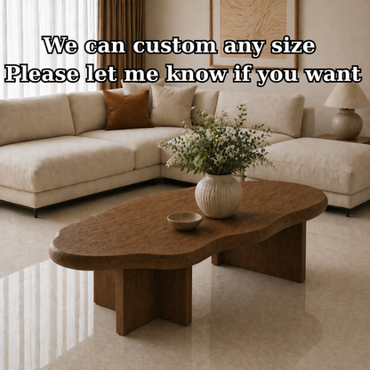 Solid Wood Coffee Table with Organic Shape and Thick Block Base