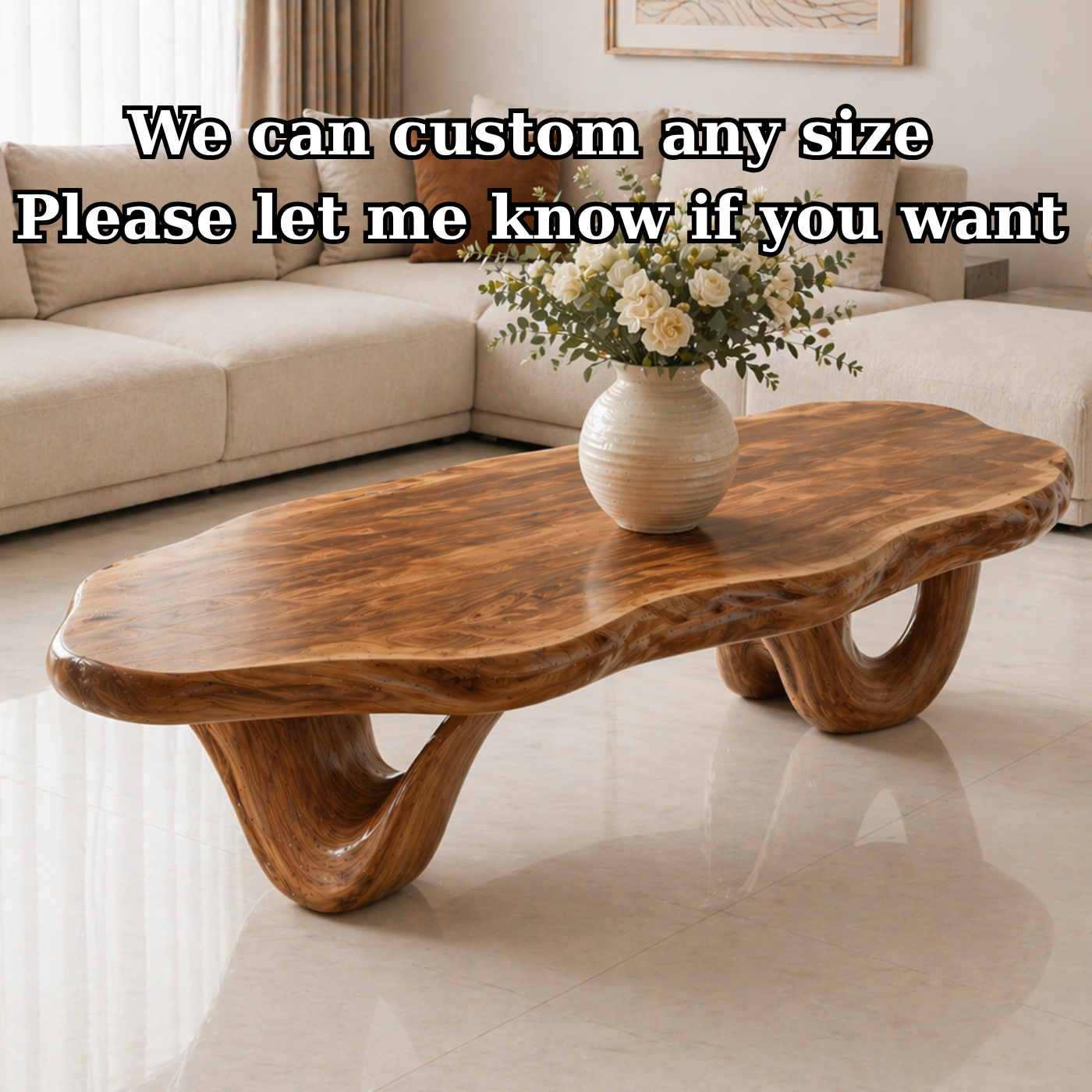 Solid Wood Coffee Table with Live Edge Top and Sculptural Loop Base