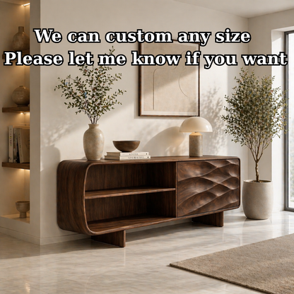 Solid Wood TV Stand with Curved Frame and Wave Carved Door in Walnut Finish