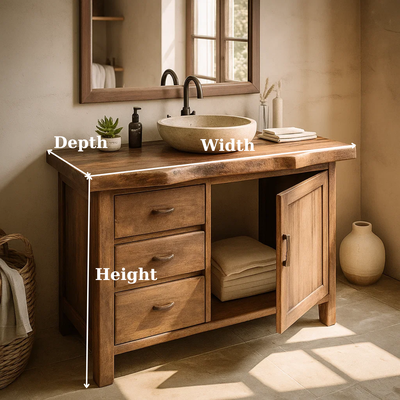 Handcrafted Solid Wood Bathroom Vanity with Live-Edge Top and Storage Drawers Kitchnce