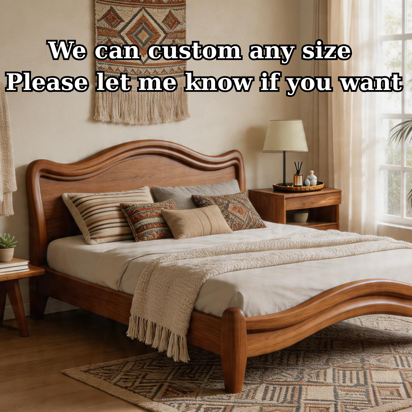 Modern Solid Wood Platform Bed with Curved Design
