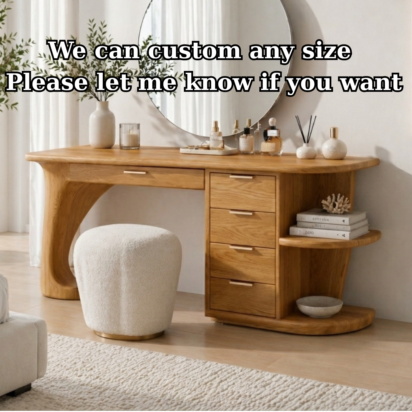 Solid Wood Makeup Vanity Desk with Curved Base and Multi Drawer Storage