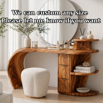 Solid Wood Makeup Vanity Desk with Sculptural Curved Design and Storage Drawers