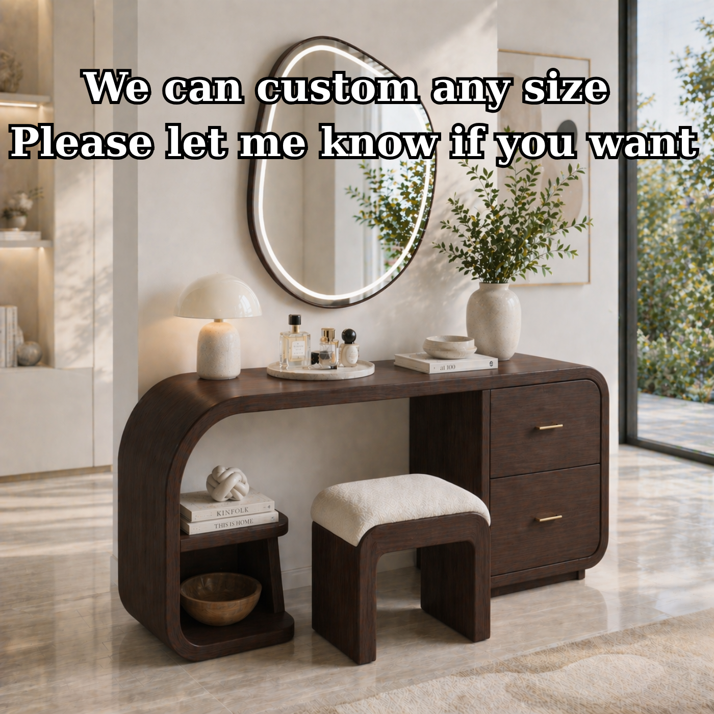 Solid Wood Makeup Vanity Desk with Curved Design and 2 Drawer Storage