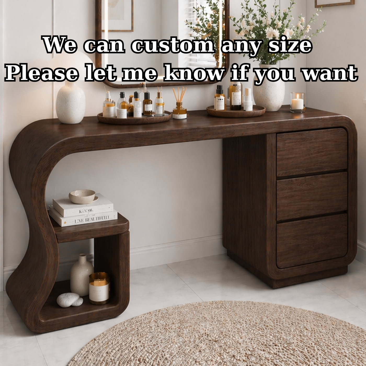 Solid Wood Makeup Vanity Desk with Curved Design and 3 Drawer Storage