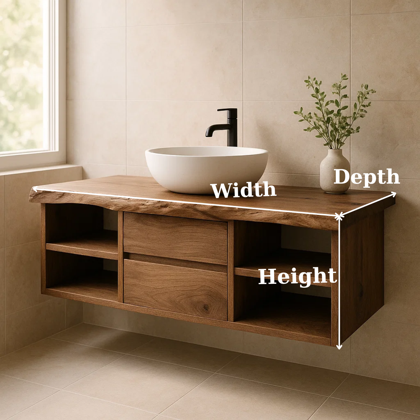 Handcrafted Solid Wood Floating Vanity - Live Edge Console with Central Drawers & Open Shelving Kitchnce