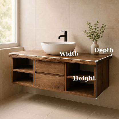 Handcrafted Solid Wood Floating Vanity - Live Edge Console with Central Drawers & Open Shelving Kitchnce