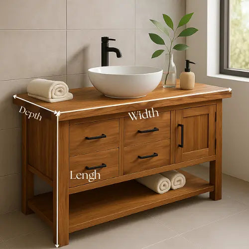 Handcrafted Solid Oak Bathroom Vanity – Live Edge Countertop with Drawers & Cabinet – Modern Rustic Wood Design for Warm, Natural Bathrooms Kitchnce
