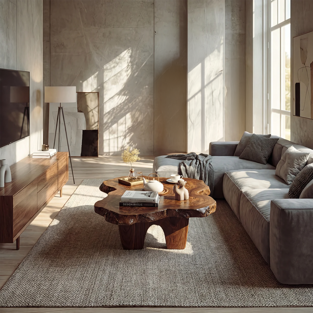 Organic Live Edge Coffee Table with Sculptural Low Profile Base