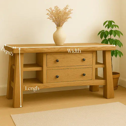 Handcrafted Solid Wood Console Table – Modern Rustic Oak with Drawers and Side Shelves Kitchnce