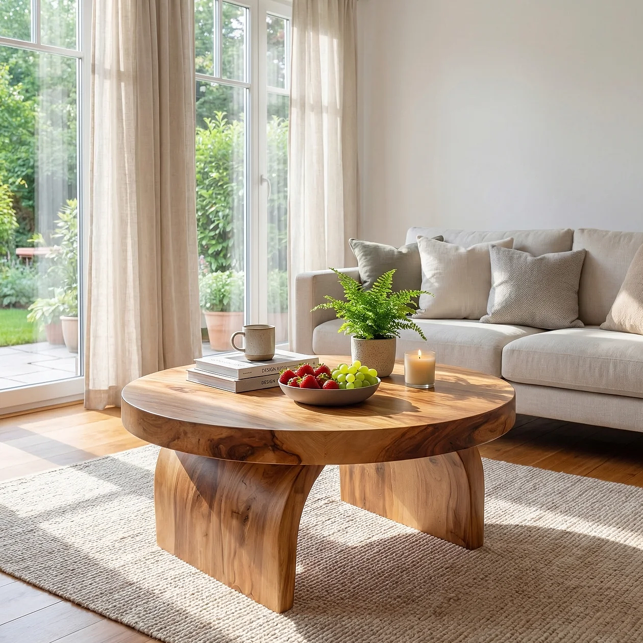 Round Solid Wood Coffee Table with Sculptural Block Base