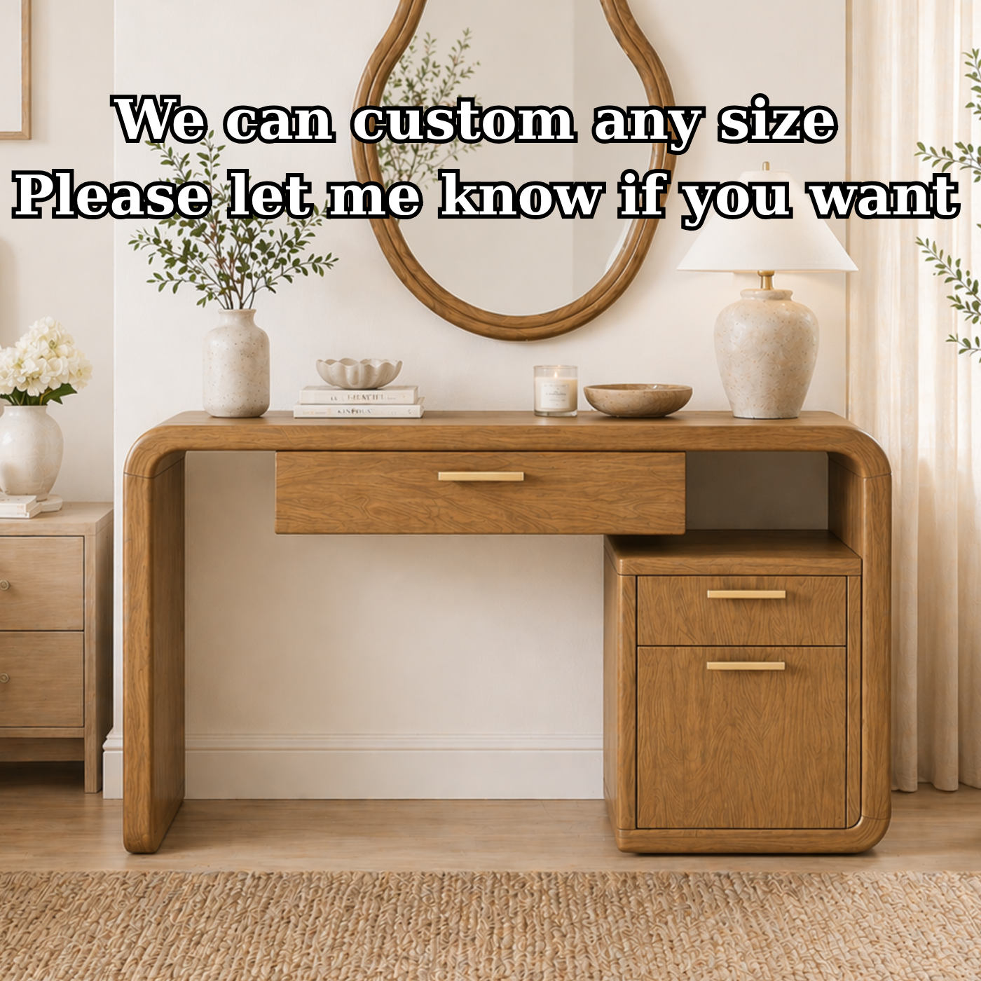 Solid Wood Makeup Vanity Desk with Rounded Frame and Drawer Storage