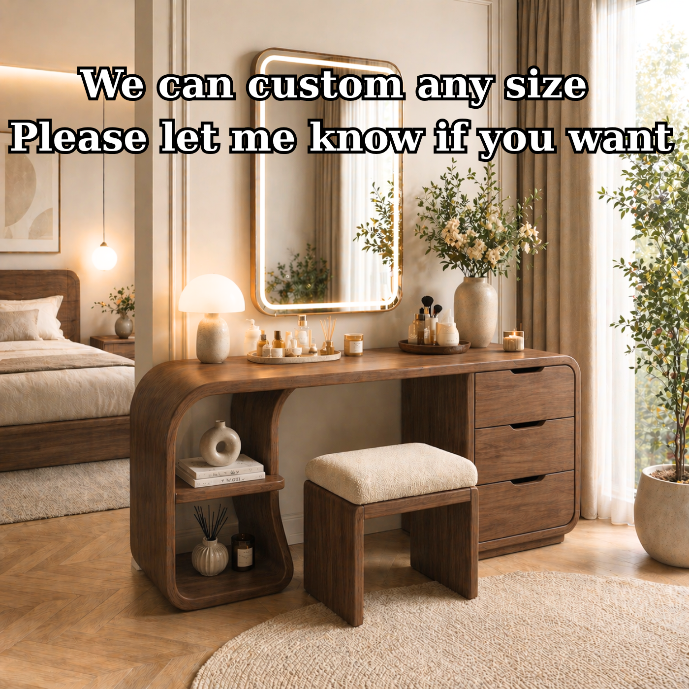 Solid Wood Makeup Vanity Desk with Rounded Waterfall Design and Drawers