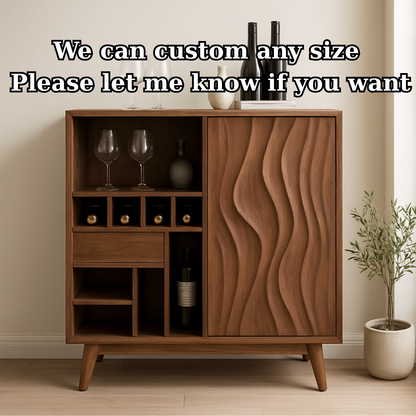 Solid Wood Wine Cabinet with Wave Carved Door and Compact Bottle Storage