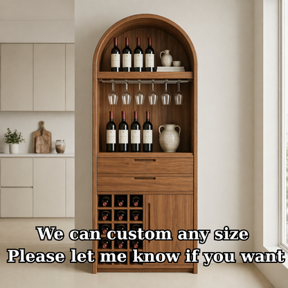 Solid Wood Wine Cabinet with Arched Top, Glass Holder and Bottle Storage