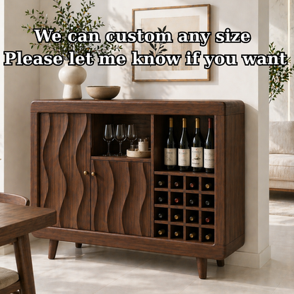 Solid Wood Wine Cabinet with Wave Carved Doors and Built-in Bottle Storage