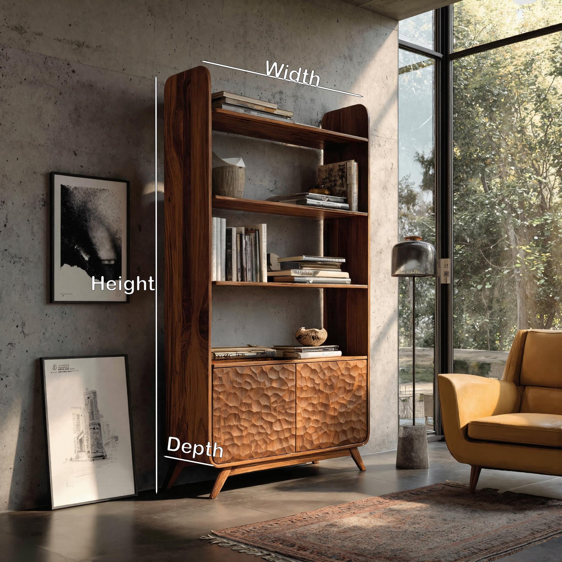 Contemporary Wooden Bookshelf With Sculpted Door Panels For Living Kitchnce