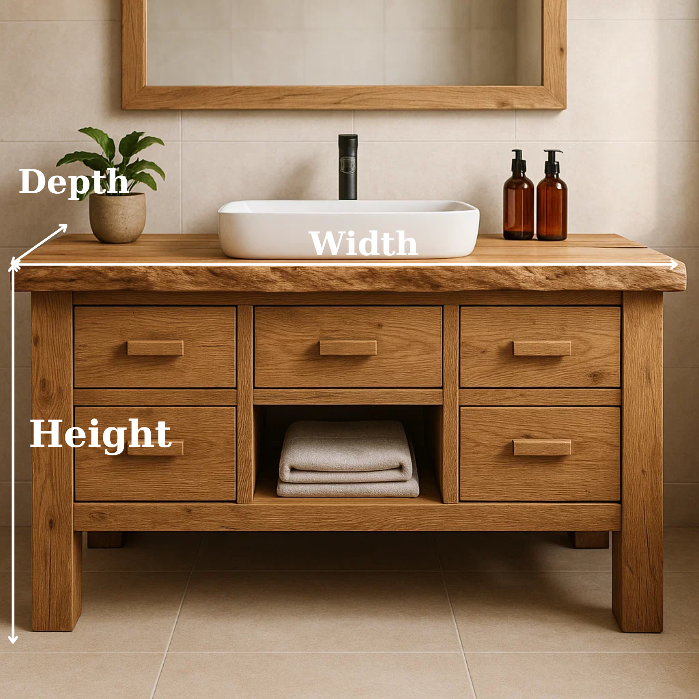 Handcrafted Solid Wood Bathroom Vanity - Live Edge Storage Cabinet with 6 Drawers & Shelf Kitchnce