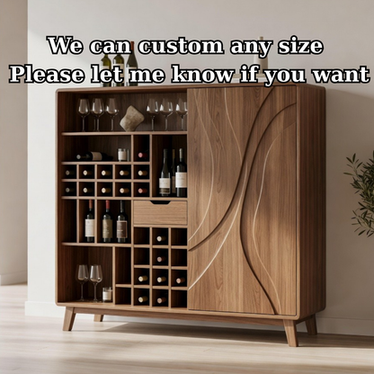 Solid Wood Wine Cabinet with Curved Carved Door and Multi Bottle Storage