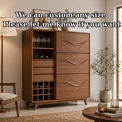 Solid Wood Wine Cabinet with Wave Carved Drawers and Bottle Storage
