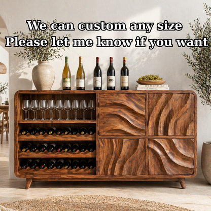 Solid Wood Wine Sideboard with Wave Carved Doors and Open Bottle Storage