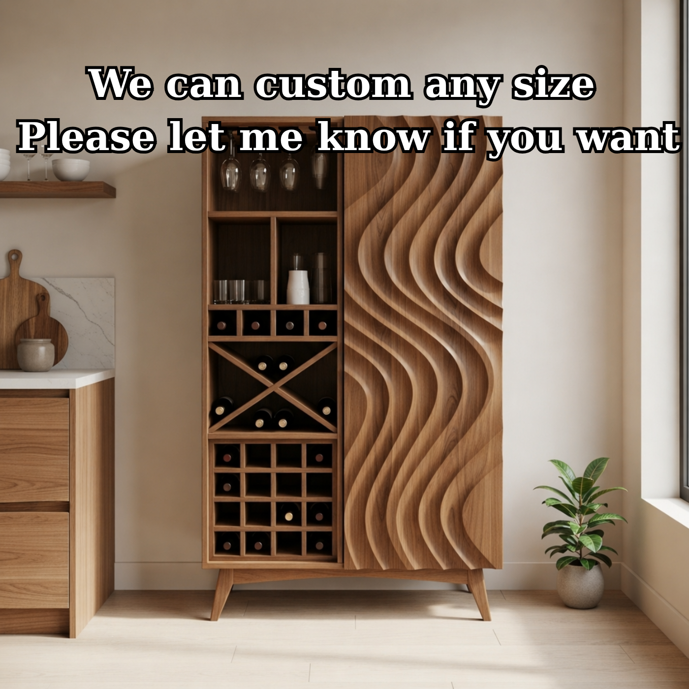 Solid Wood Wine Cabinet with Wave Carved Door and Bottle Storage Rack