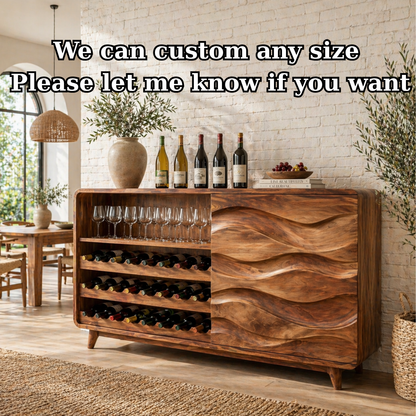 Solid Wood Wine Sideboard with Wave Carved Doors and Bottle Storage