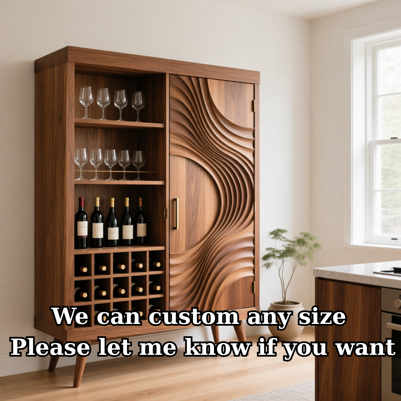 Solid Wood Wine Cabinet with Sculpted Wave Doors and Bottle Storage