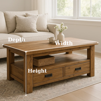 Handcrafted Solid Wood Coffee Table – Rustic Farmhouse Storage with Two Drawers and Shelf Kitchnce