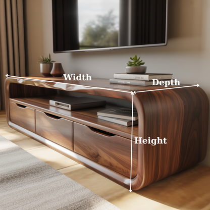 Luxury Curved Solid Wood TV Stand with Open Shelf and Drawer Storage