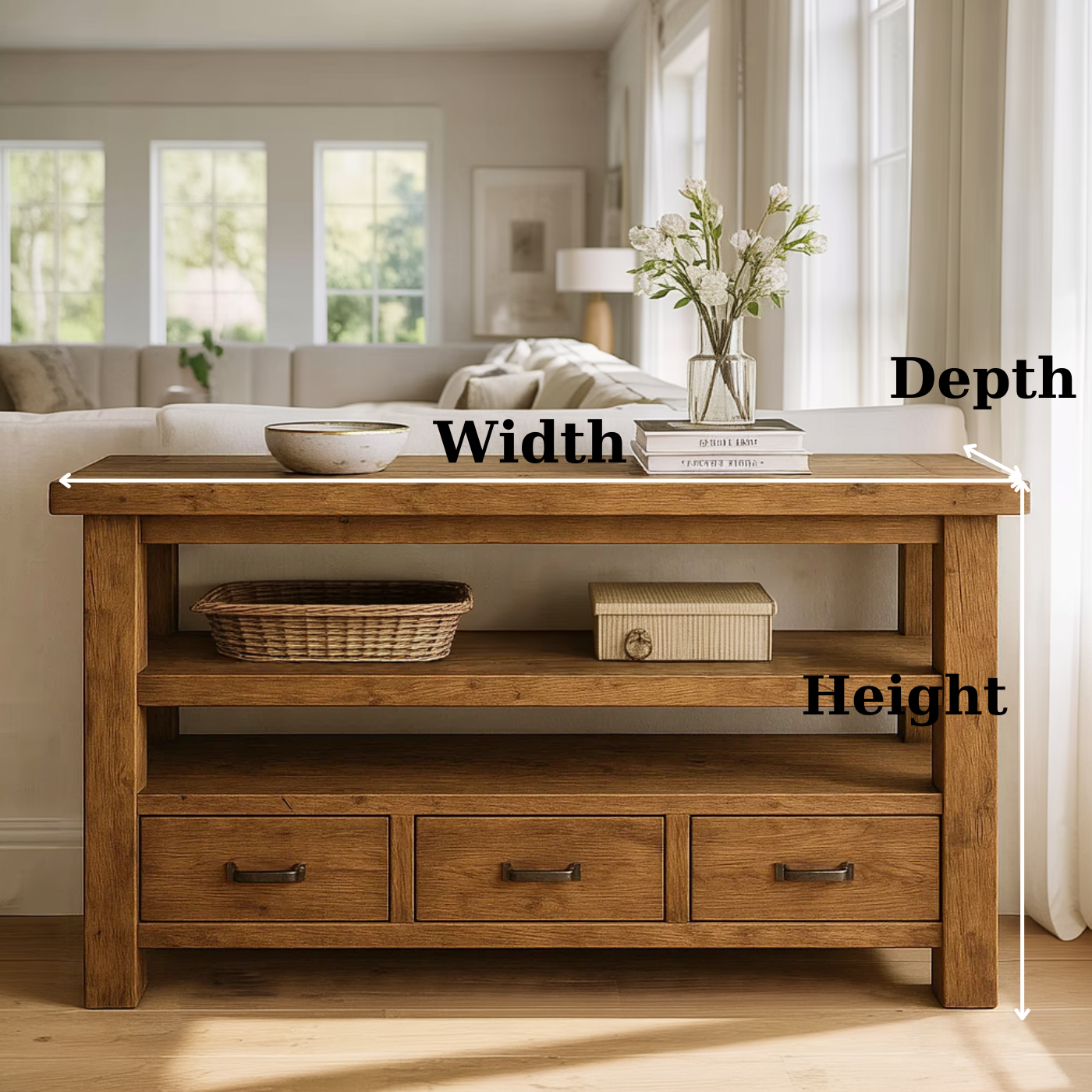 Handcrafted Solid Wood Console Table – Farmhouse Style with Three Storage Drawers Kitchnce