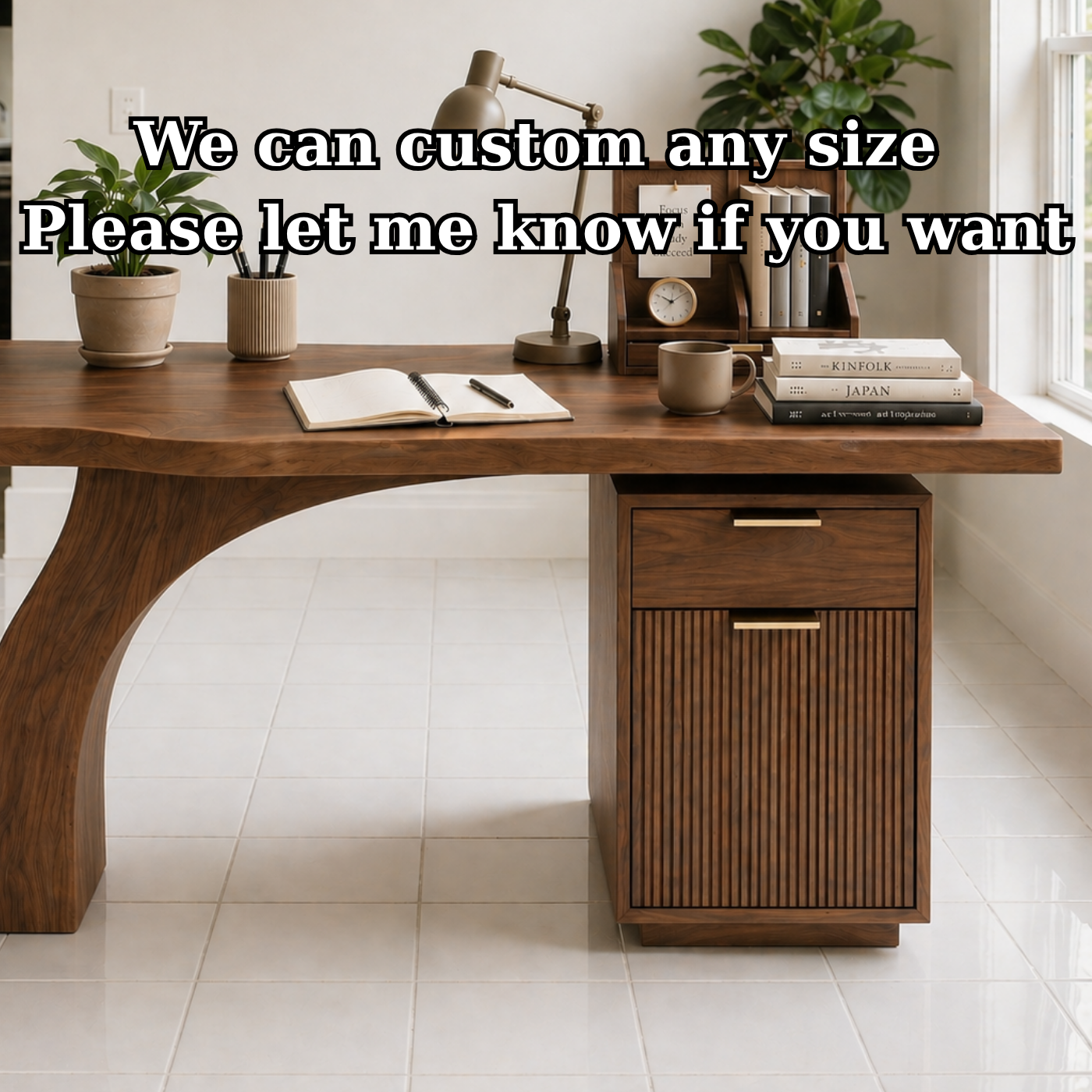 Solid Wood Study Desk with Curved Leg and Drawer Cabinet Storage