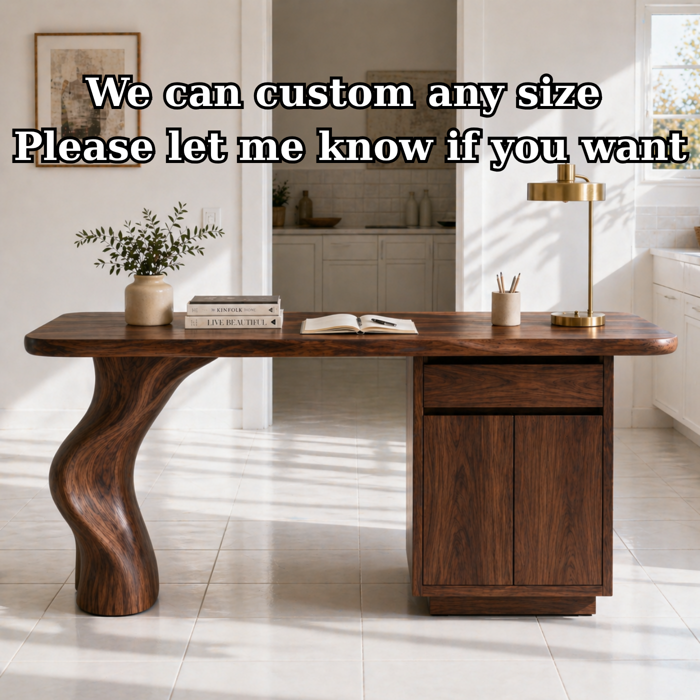 Solid Wood Writing Desk with Sculptural Curved Leg and Storage Cabinet