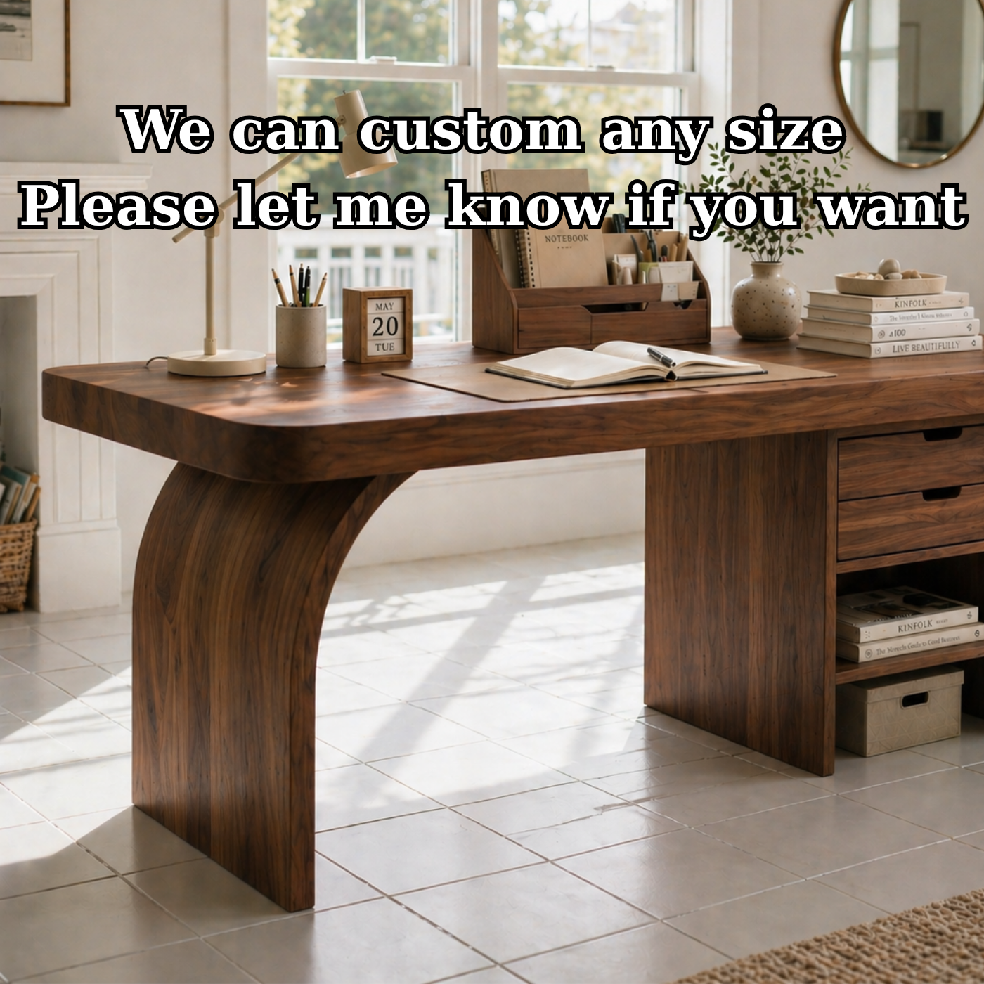 Solid Wood Study Desk with Curved Leg, Drawers and Open Shelf Storage