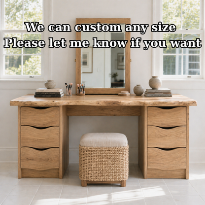 Large Solid Wood Makeup Vanity Desk with Double Drawer Storage and Live Edge Top