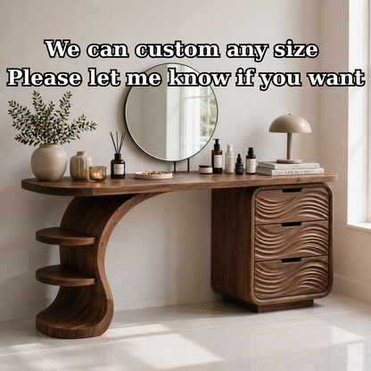 Solid Wood Makeup Vanity Desk with Wave Drawers and Curved Sculptural Base