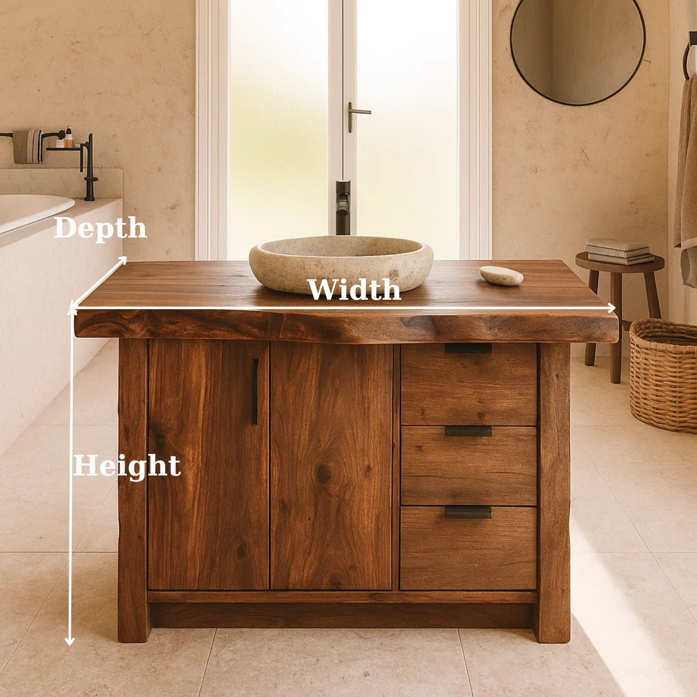 Handcrafted Solid Wood Bathroom Vanity with Live-Edge Top and Modern Storage Drawers Kitchnce