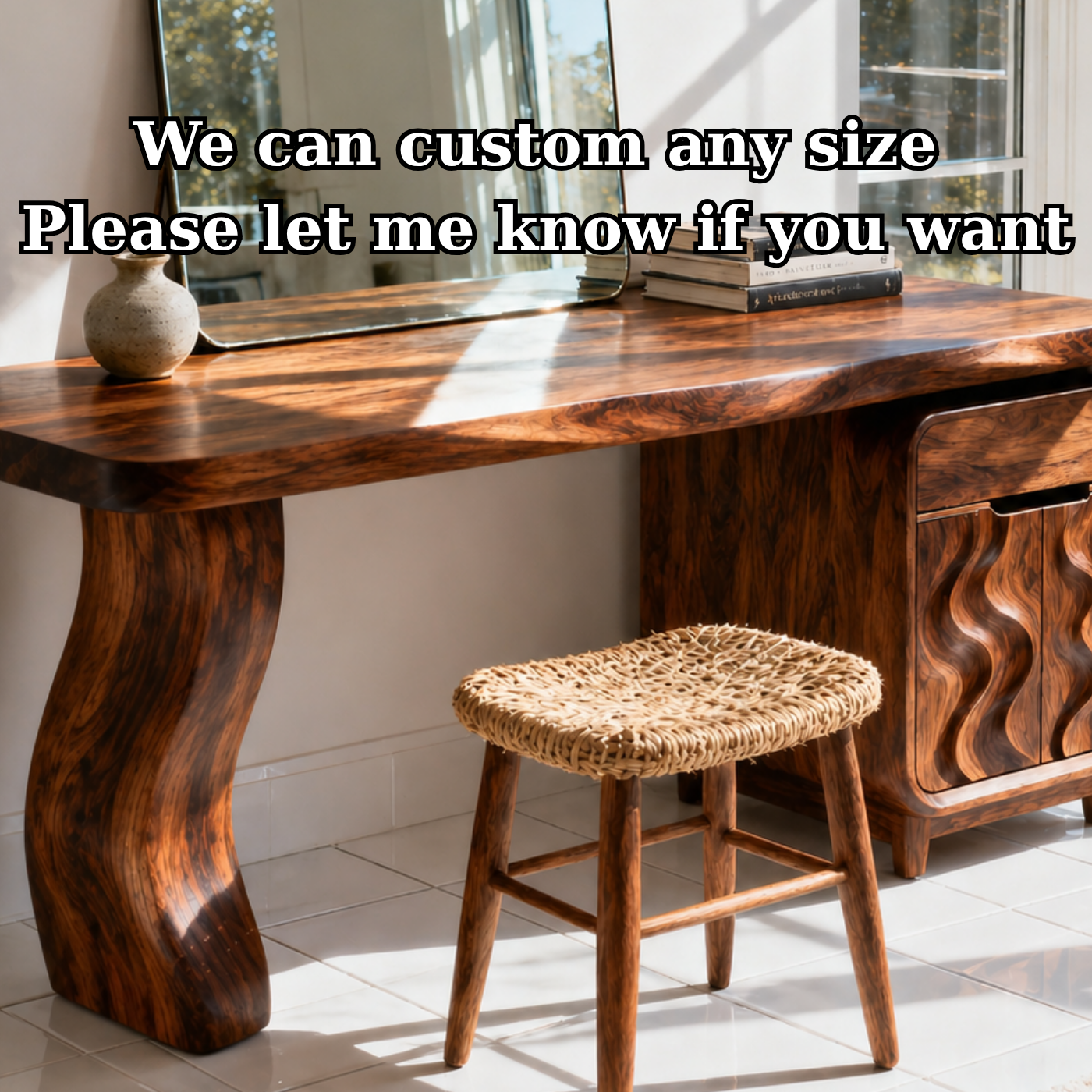 Luxury Solid Wood Makeup Vanity Desk with Sculptural Base and Wave Door Cabinet