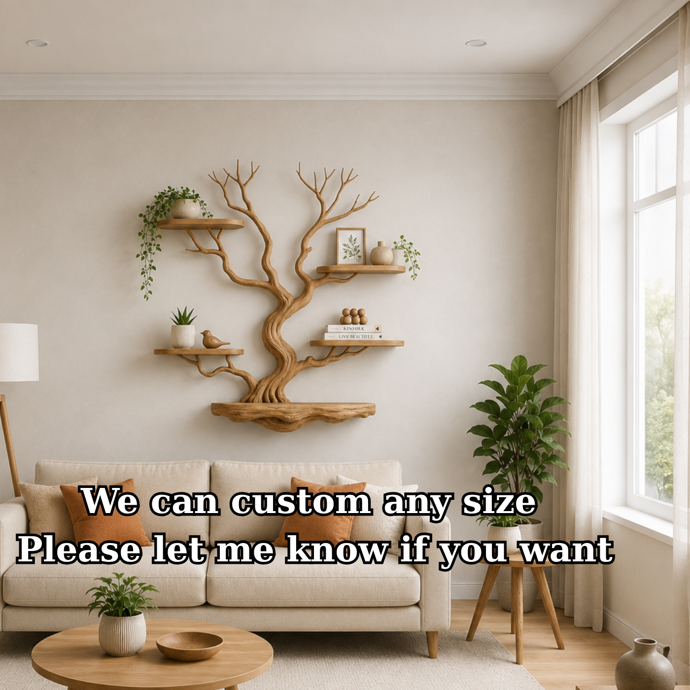 Handcrafted Solid Wood Tree Wall Shelf with Floating Display Shelves
