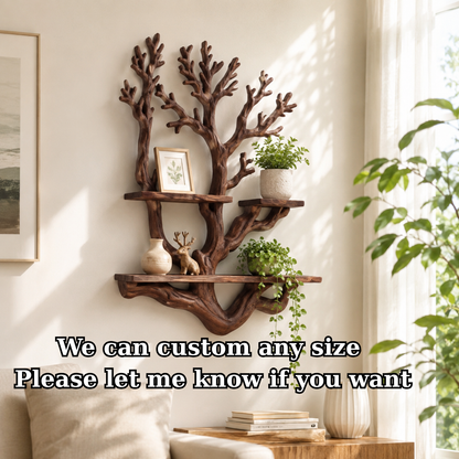 Handcrafted Solid Wood Tree Display Shelf with Organic Branch Design