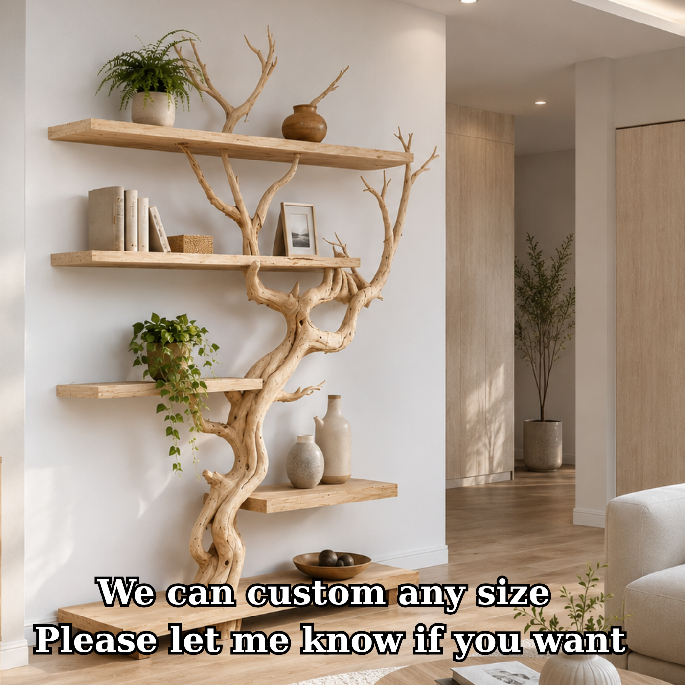 Handcrafted Solid Wood Tree Room Divider Bookshelf with Floating Shelves