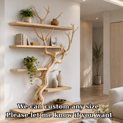 Handcrafted Solid Wood Tree Room Divider Bookshelf with Floating Shelves