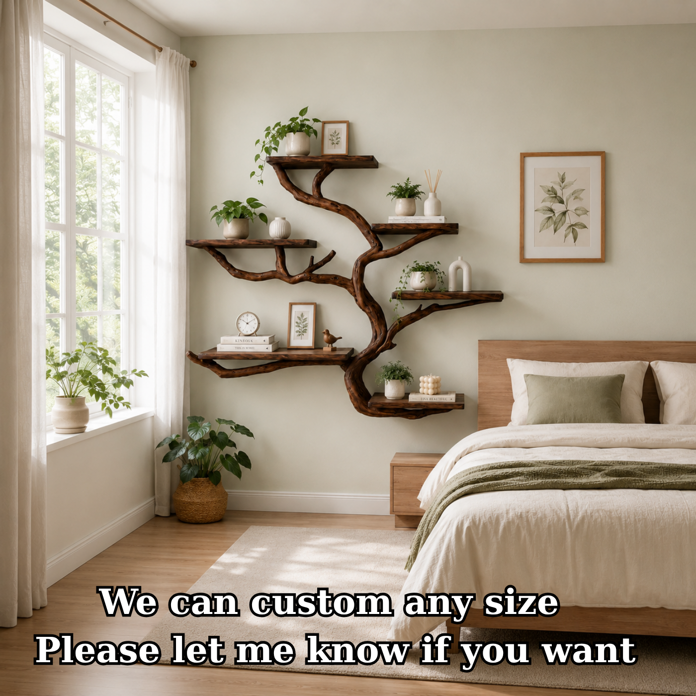 Handcrafted Solid Wood Tree Bookshelf with Curved Floating Shelves