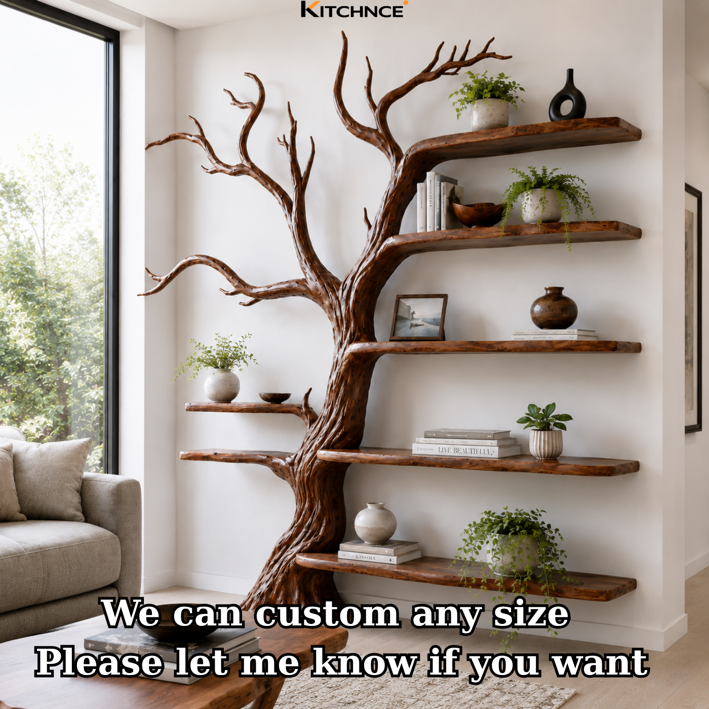 Handcrafted Solid Wood Tree Bookshelf with Open Floating Shelves