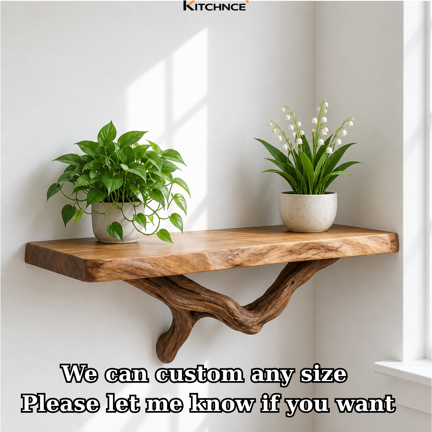 Handcrafted Solid Wood Live Edge Floating Shelf with Sculptural Wood Bracket
