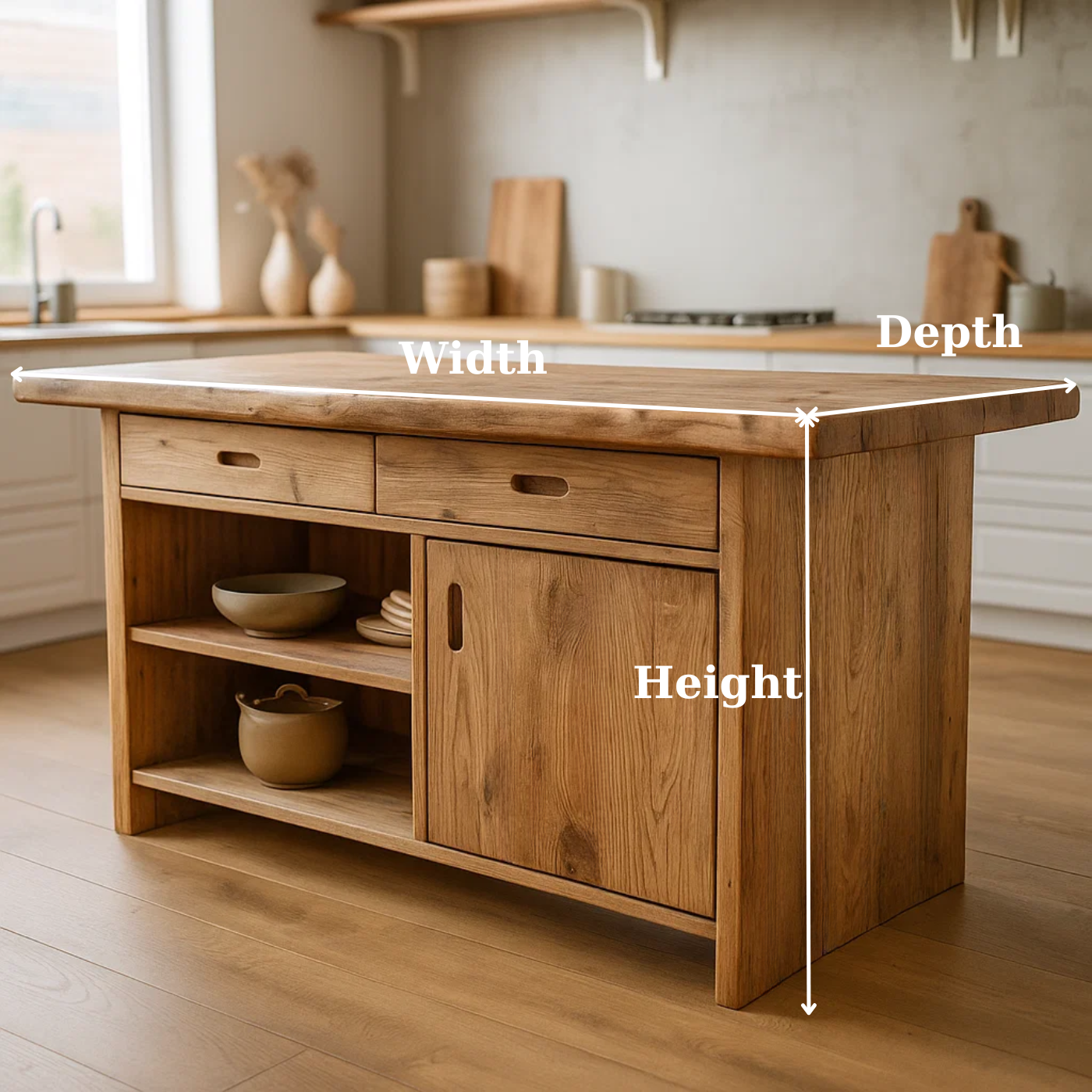 Handcrafted Solid Wood Kitchen Island with Open Shelves and Sliding-Door Storage Kitchnce