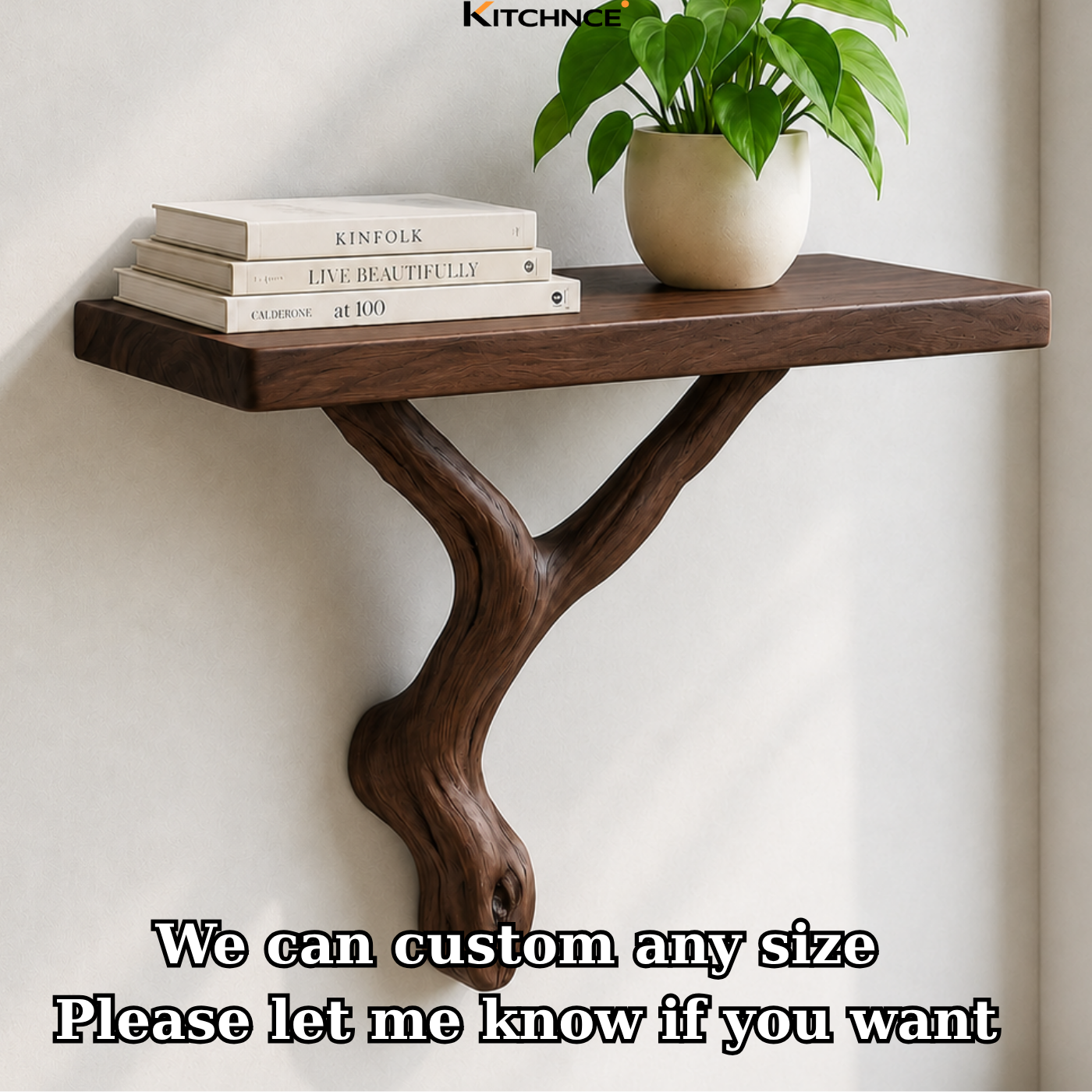 Handcrafted Solid Wood Floating Shelf with Organic Wood Bracket
