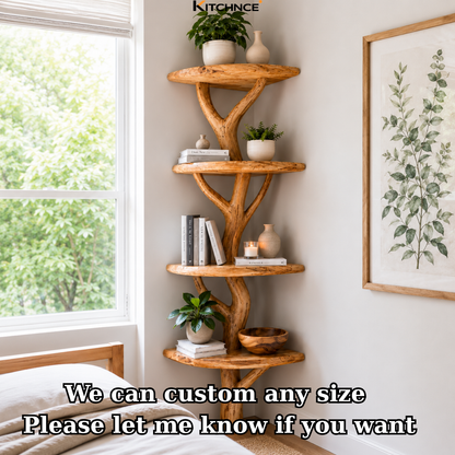 Handcrafted Solid Wood Tree Corner Shelf with Twisted Branch Design